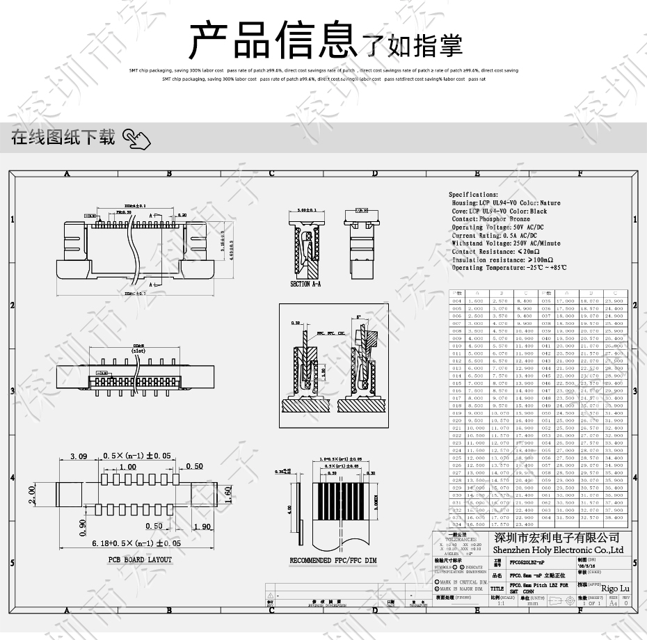 FFC/FPC软排线0.5mm间距-60P立贴正错位带锁 软排线插座忘忧草视频大全